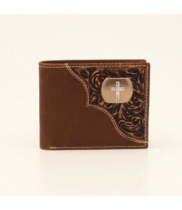 3D BIFOLD WALLET FLORAL TOOLED CROSS CONCHO BROWN