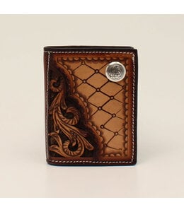 3D TRIFOLD WALLET FLORAL DIAMOND TOOLED ROUND CONCHO TAN