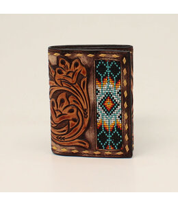 3D TRIFOLD WALLET FLORAL TOOLED BEADED INLAY TAN