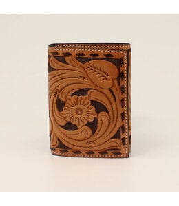3D TRIFOLD WALLET FLORAL TOOLED BUCK STITCH TAN