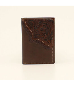 NOCONA MENS TRIFOLD WALLET FLORAL TOOLED EDGE BROWN