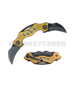 DOUBLE TROUBLE KARAMBIT SPRING ASSIST KNIFE 4.5" CLOSED GOLD