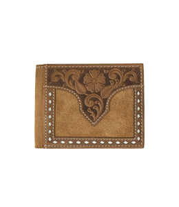NOCONA BIFOLD WALLET FLORAL EMBOSSED WHITE BUCK LACING TAN