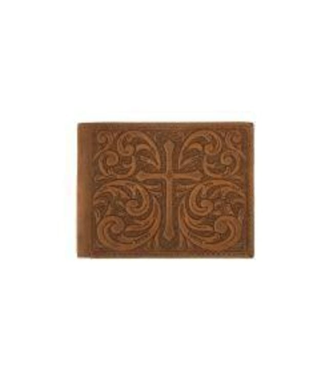 Nocona Mens Large Bifold Style Wallet Cross Scrolls Embossed Medium Brown N500046544