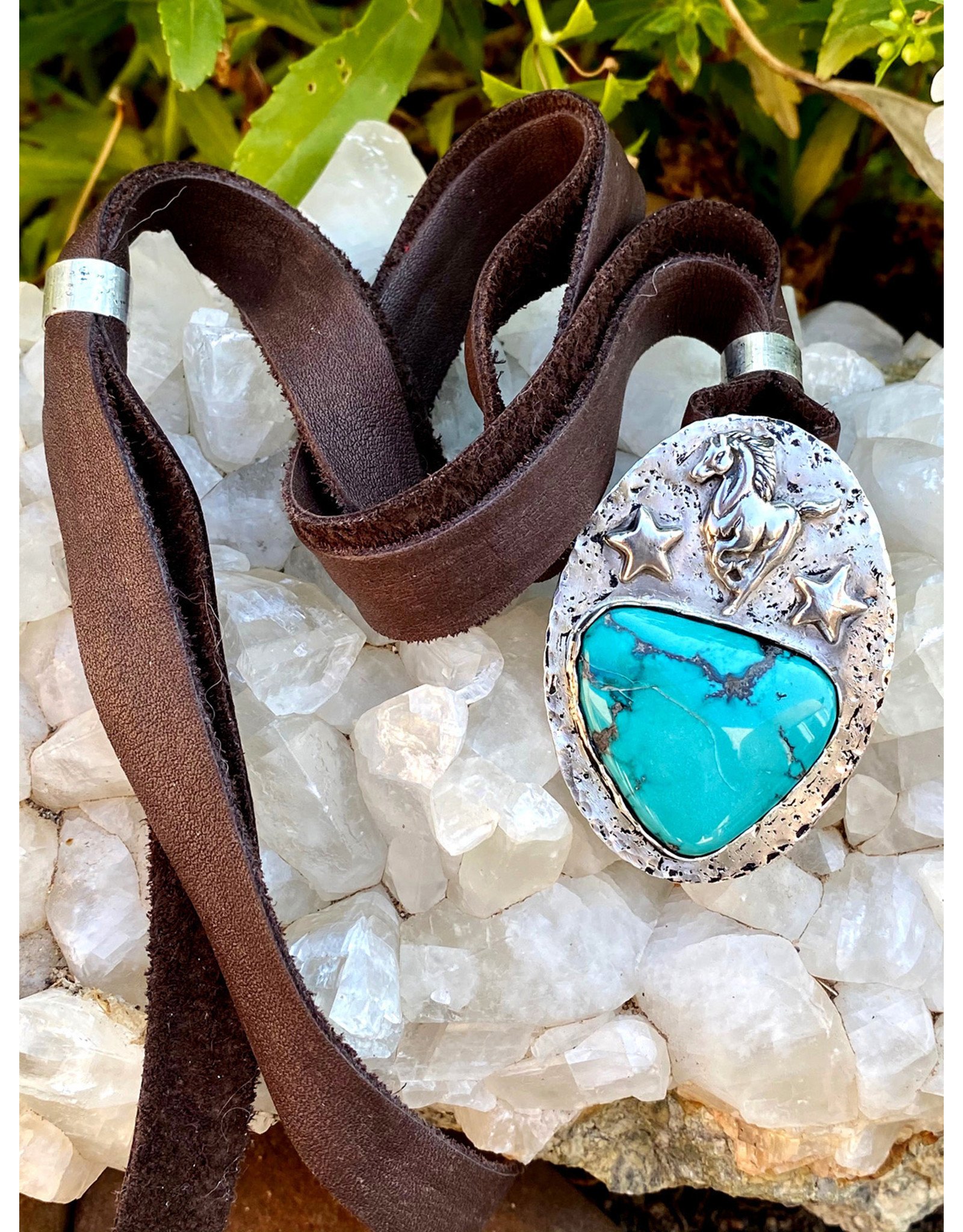 Annette Colby - Jeweler Turquoise Horse & Stars on Leather Necklace - Annette Colby