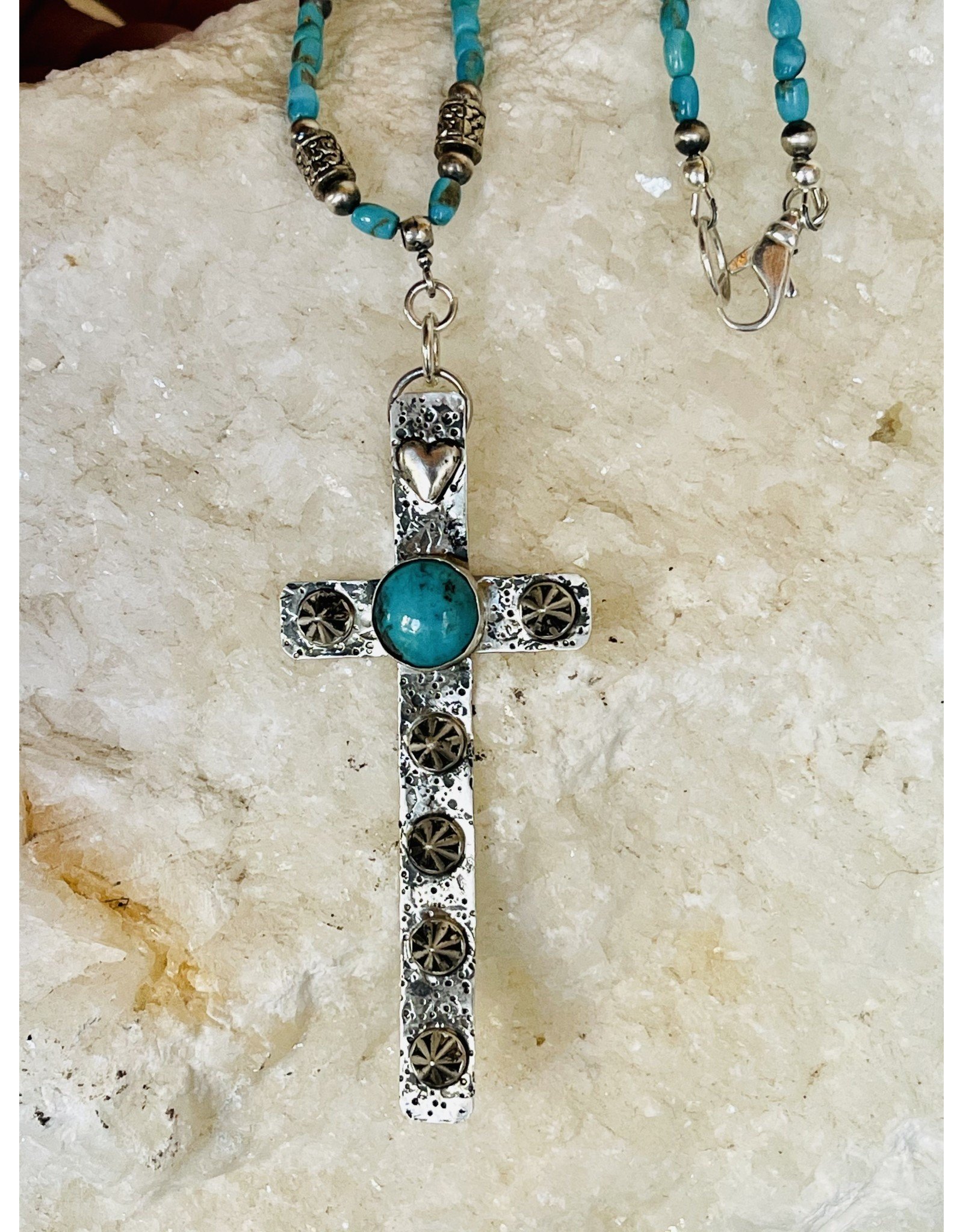 Annette Colby - Jeweler Studded Sterling Cross on Turquoise Necklace - Annette Colby