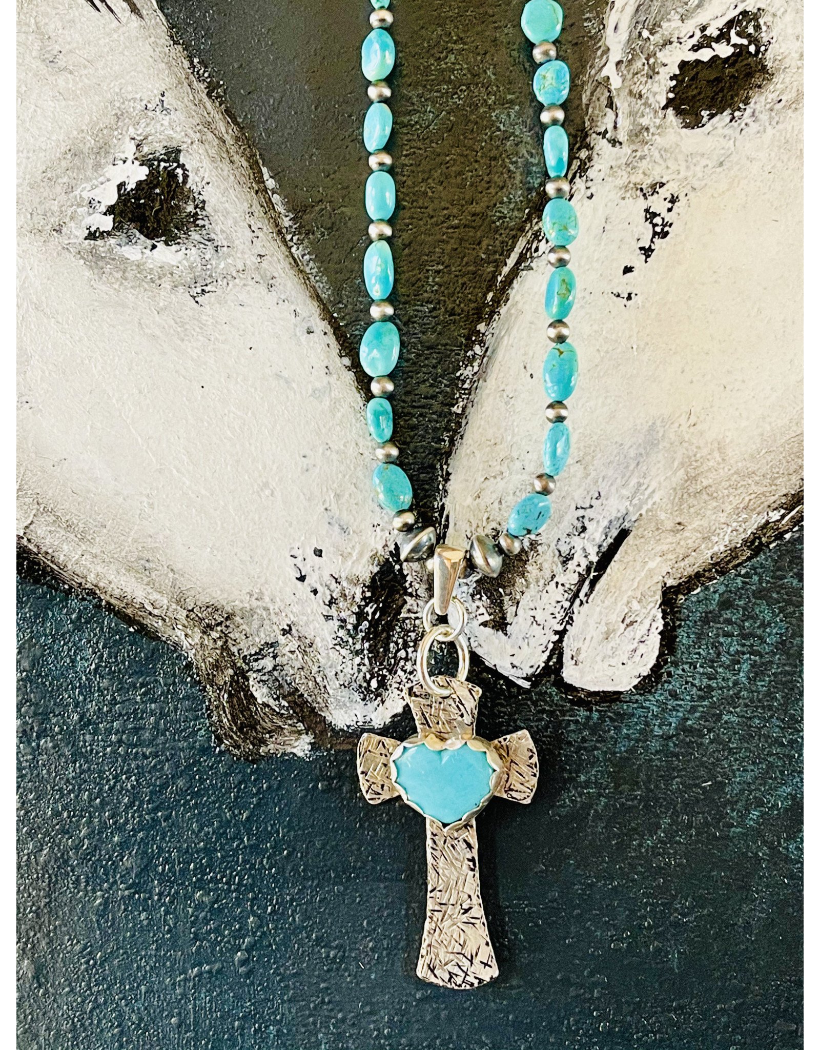 Annette Colby - Jeweler Sterling Silver Cross with Turquoise Heart Necklace by Annette Colby