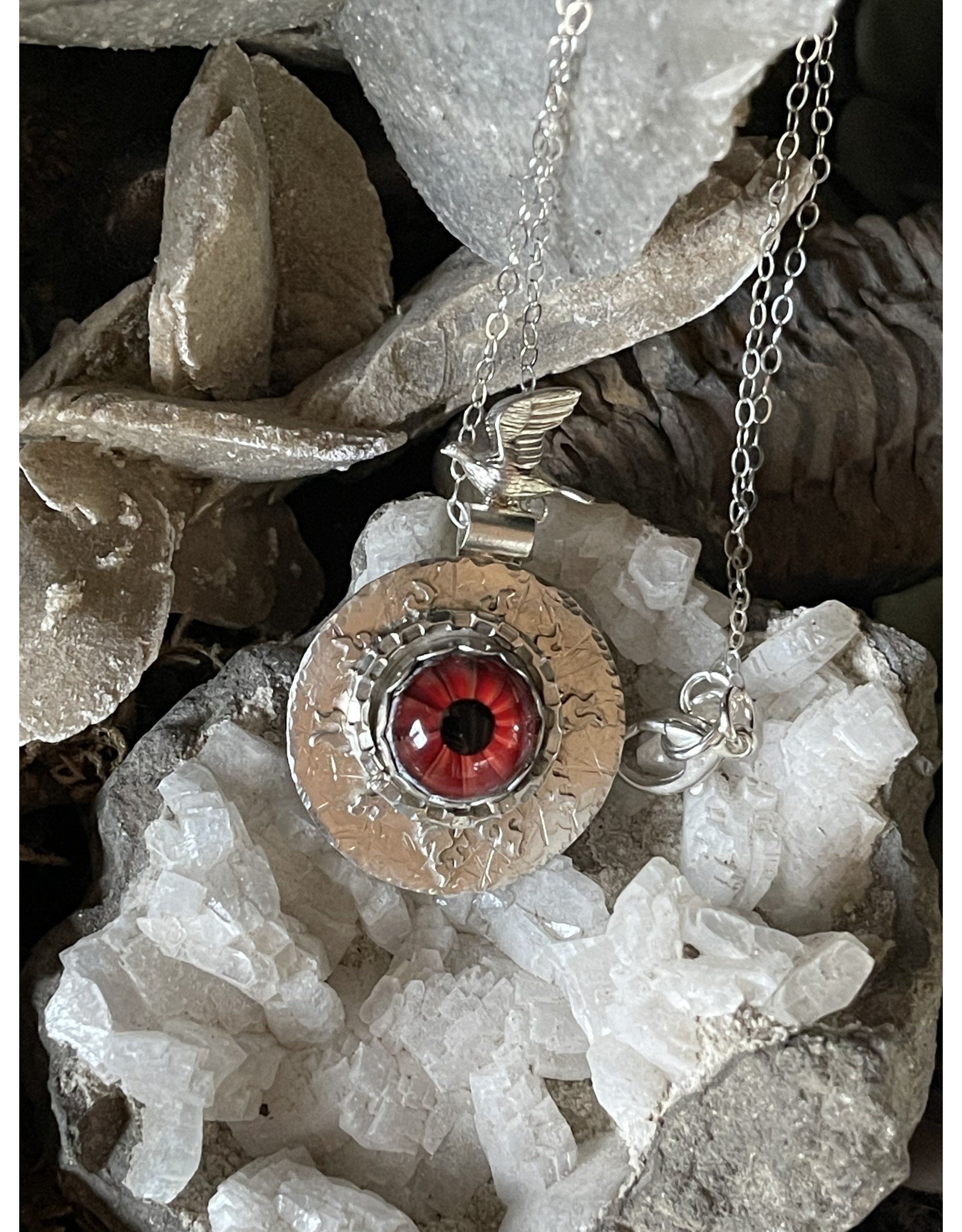 Annette Colby - Jeweler Lampwork Glass Red Eye Necklace Flying Bird by Annette Colby