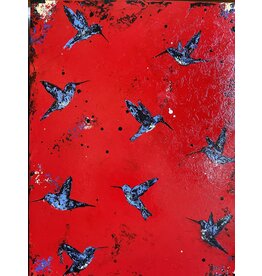 Annette Colby - Painter "Dancing in the Breeze" Hummingbirds on Red 18x24 Painting - AC