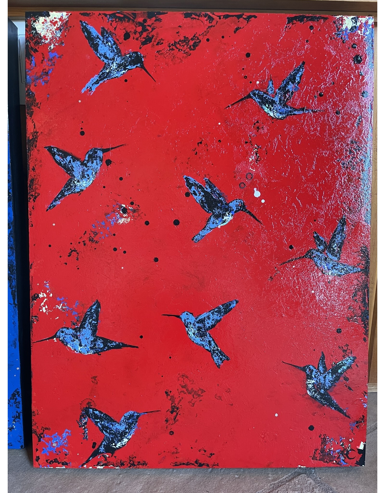 Annette Colby - Painter "Dancing in the Breeze" Hummingbirds on Red 18x24 Painting - AC