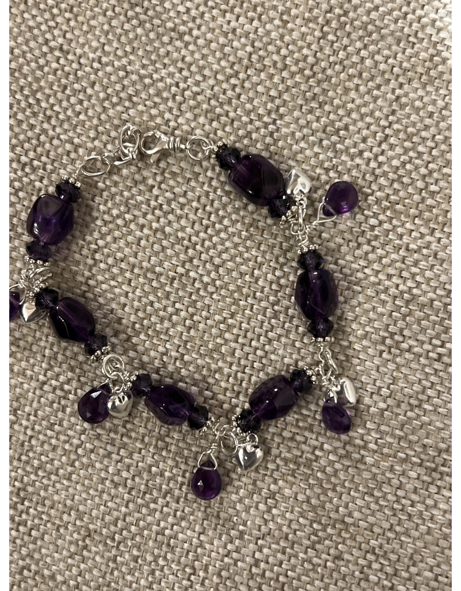 Annette Colby - Jeweler Amethyst Sterling Heart Dangle Bracelet- AC