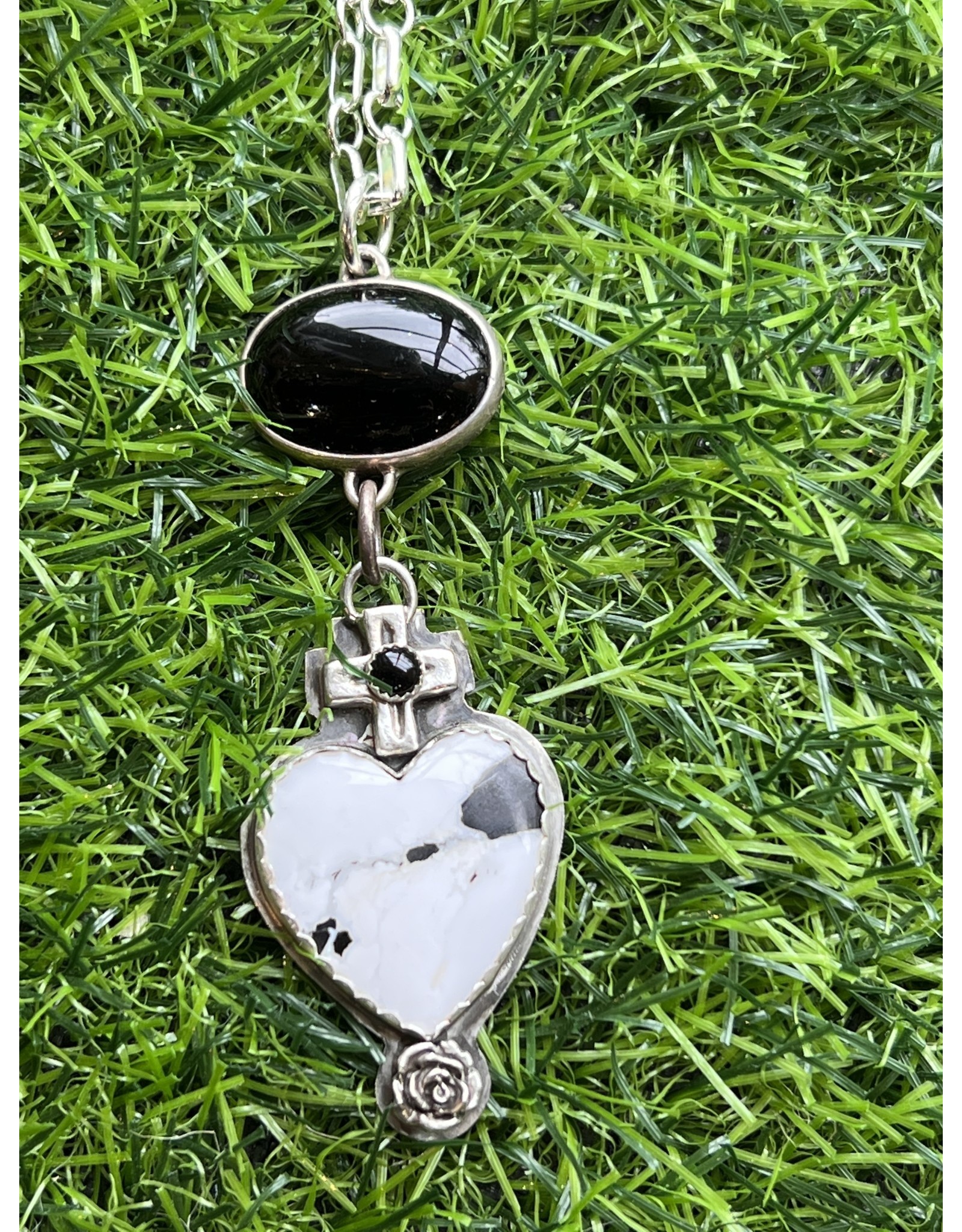 Annette Colby - Jeweler Necklace White Buffalo Turq Heart & Onyx SS - Annette Colby