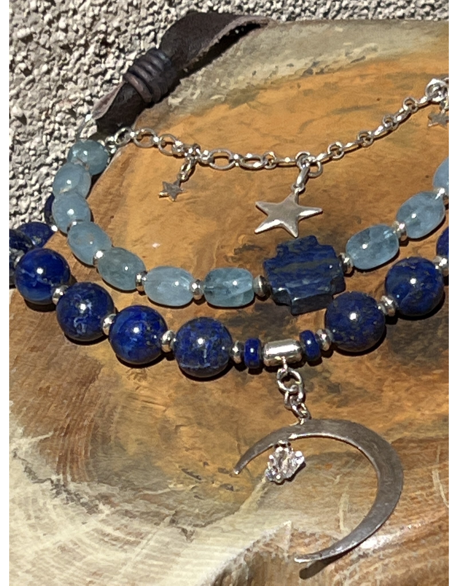 Annette Colby - Jeweler Lapis / Aquamarine Moon Star Leather Necklace  - AC