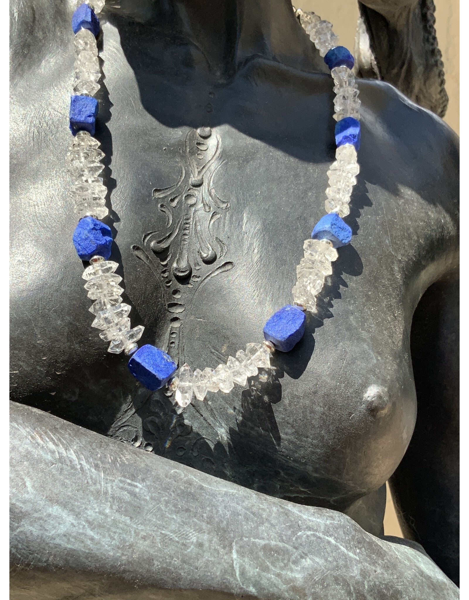 Annette Colby - Jeweler Necklace Herkimer Diamond w/ Lapis Lazuli Hand Chiseled Beads & SS - AC