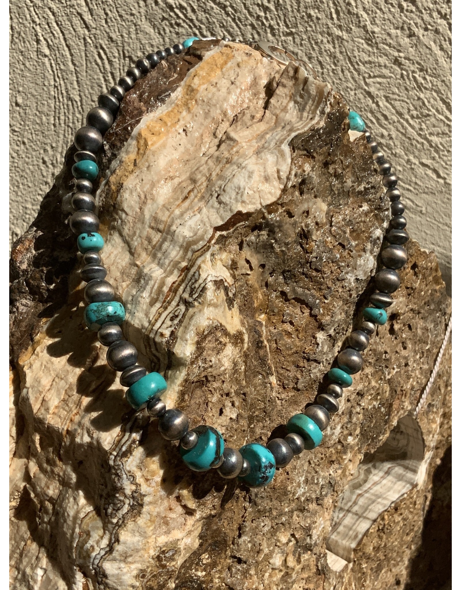 Annette Colby - Jeweler 18” SS Oxidized Beads w Turquoise Necklace - AC