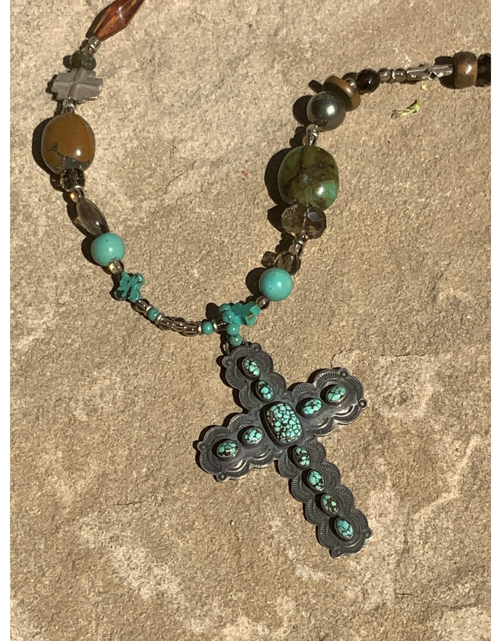 Annette Colby - Jeweler Mixed Gemstone Bead Neckace w/ Cross 03  - AC