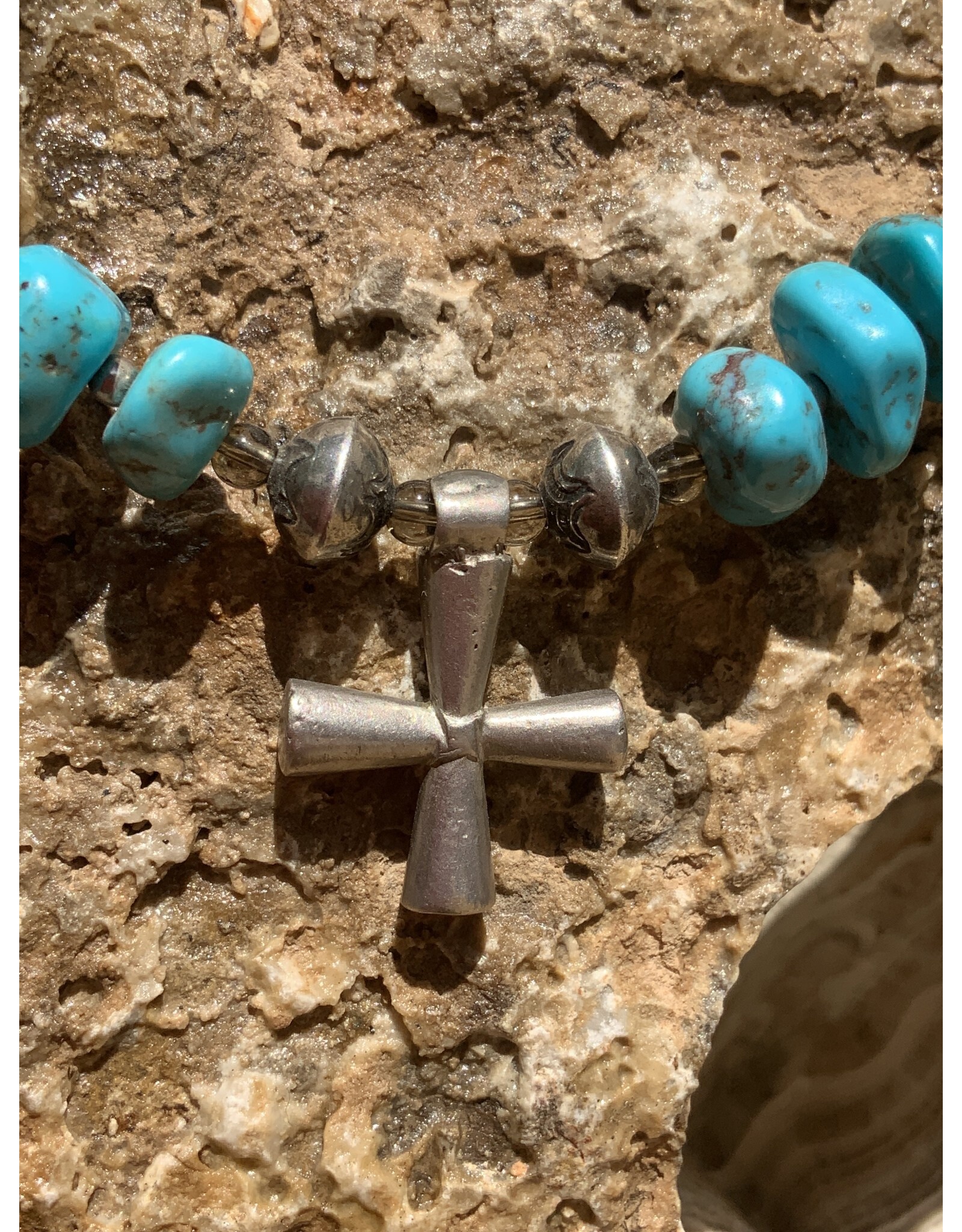 Annette Colby - Jeweler 18” SS Oxidized Beads w Turquoise 3 Crosses Necklace - AC