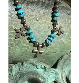 Annette Colby - Jeweler 18” SS Oxidized Beads w Turquoise 3 Crosses Necklace - AC