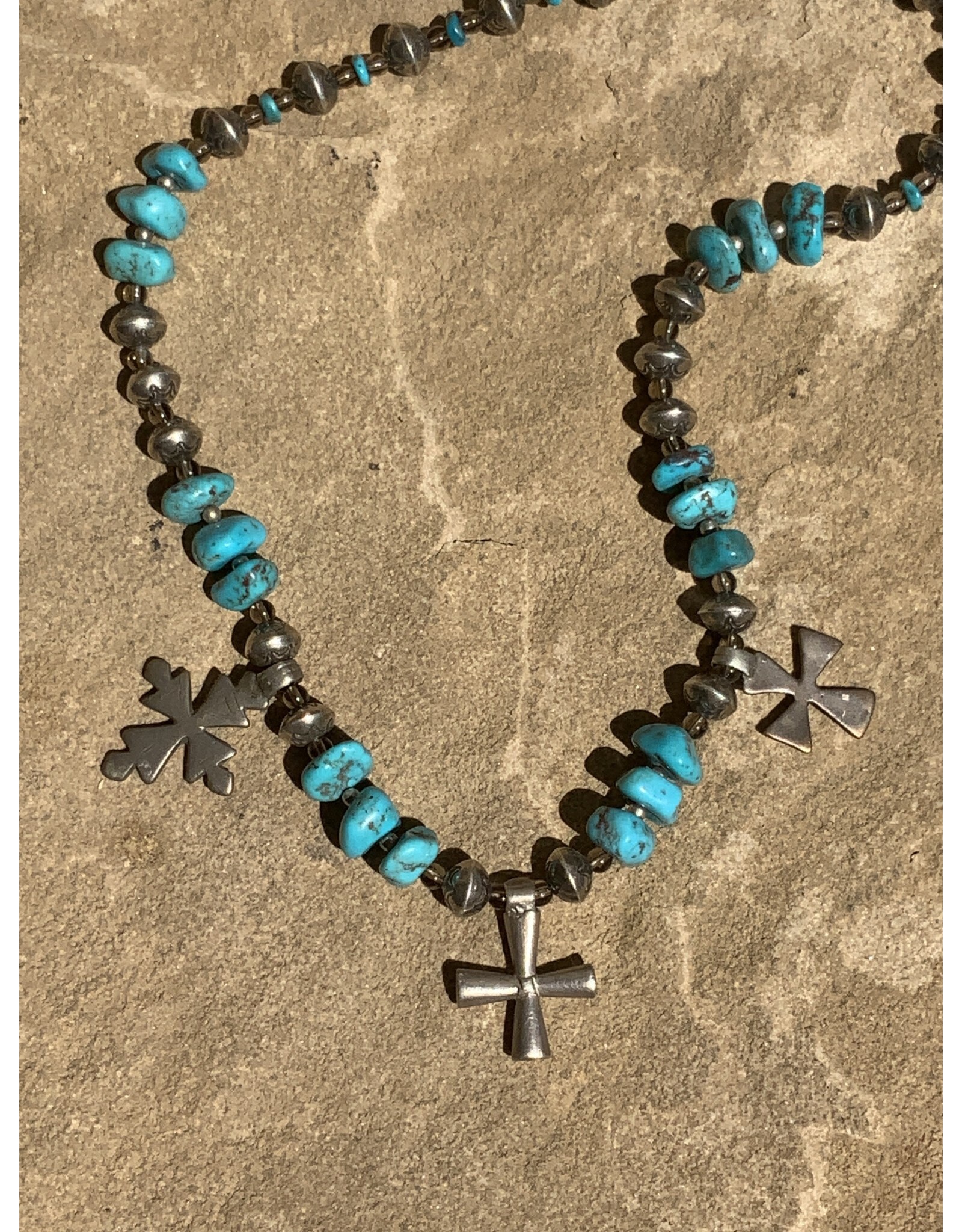 Annette Colby - Jeweler 18” SS Oxidized Beads w Turquoise 3 Crosses Necklace - AC
