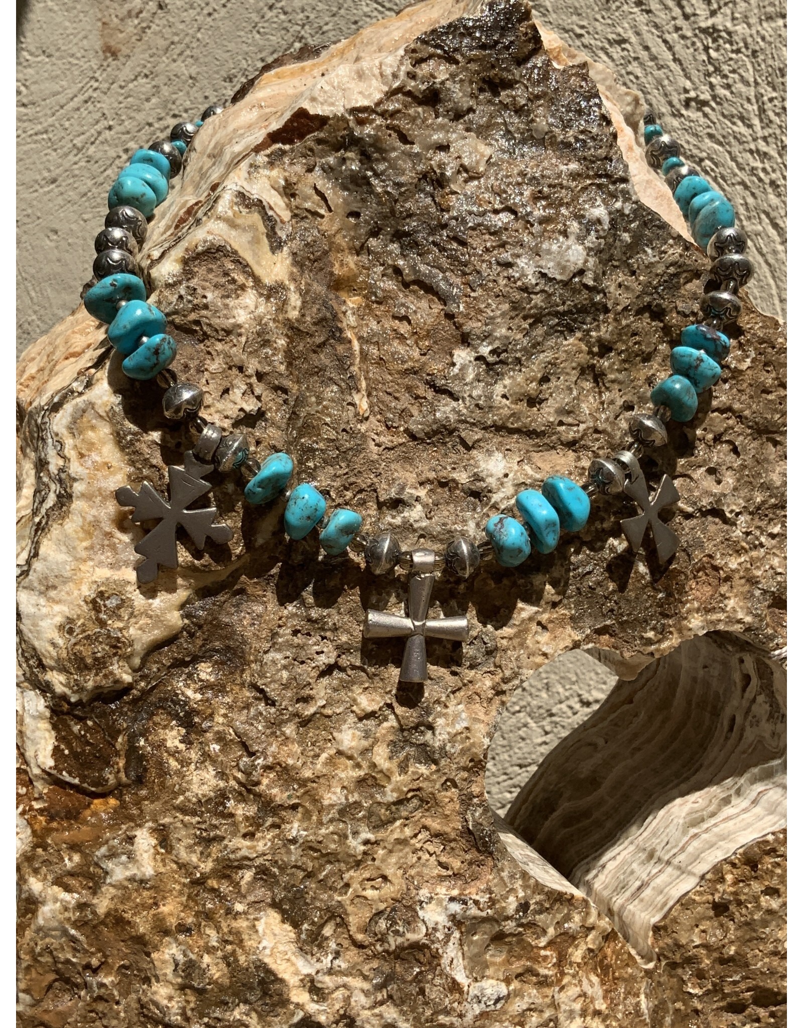 Annette Colby - Jeweler 18” SS Oxidized Beads w Turquoise 3 Crosses Necklace - AC