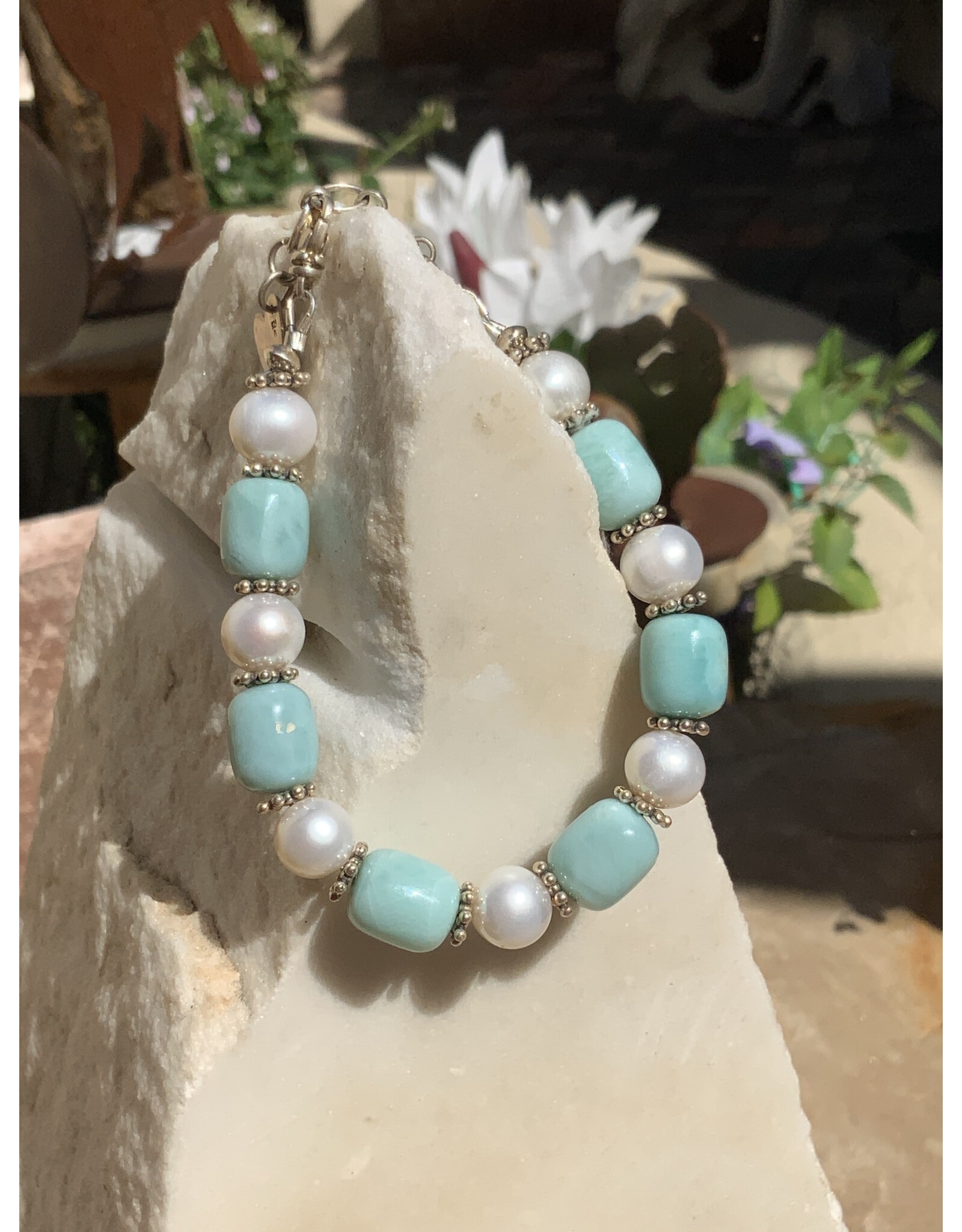 Larimar Barrel Freshwater Pearl Bracelet - AC