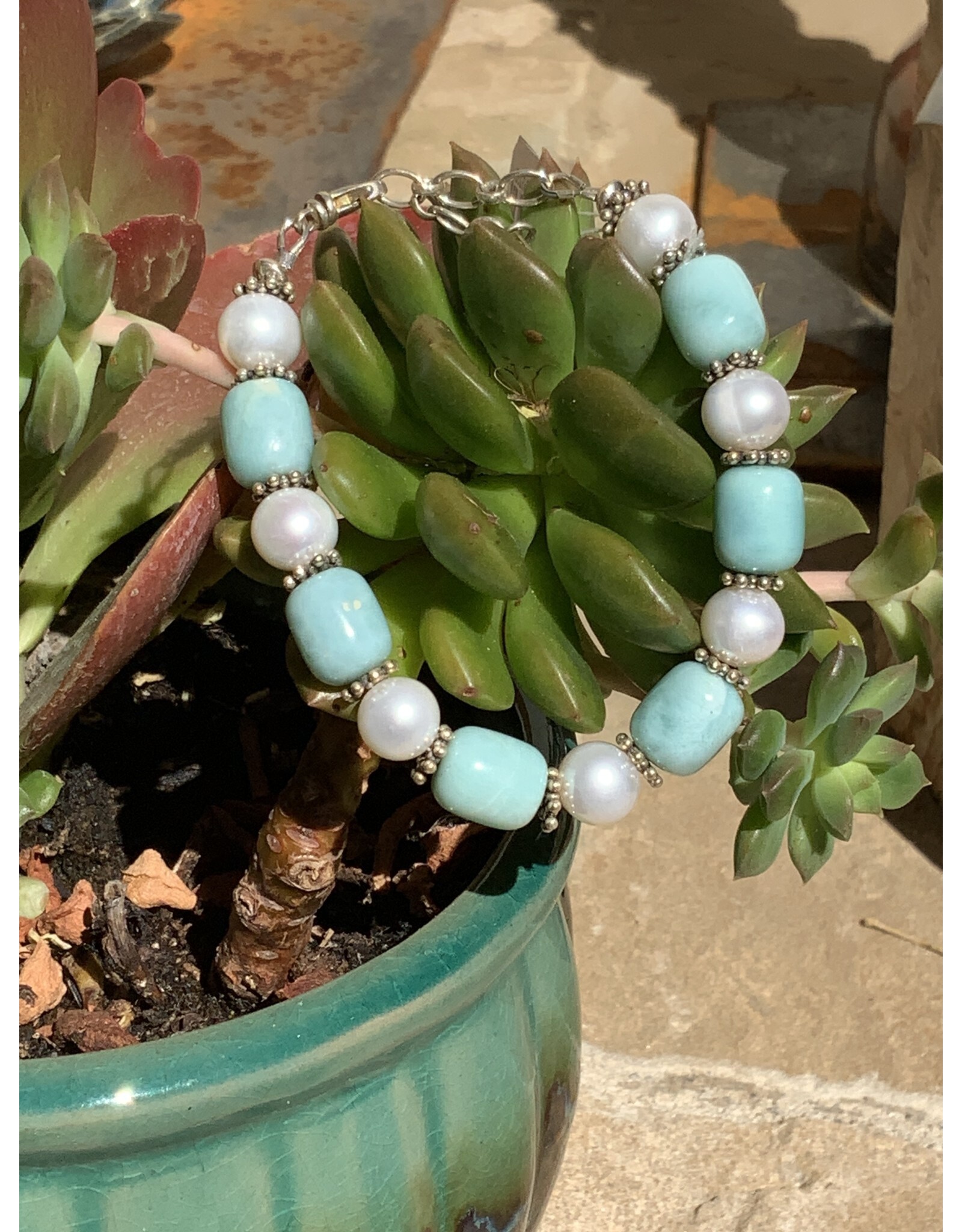 Larimar Barrel Freshwater Pearl Bracelet - AC