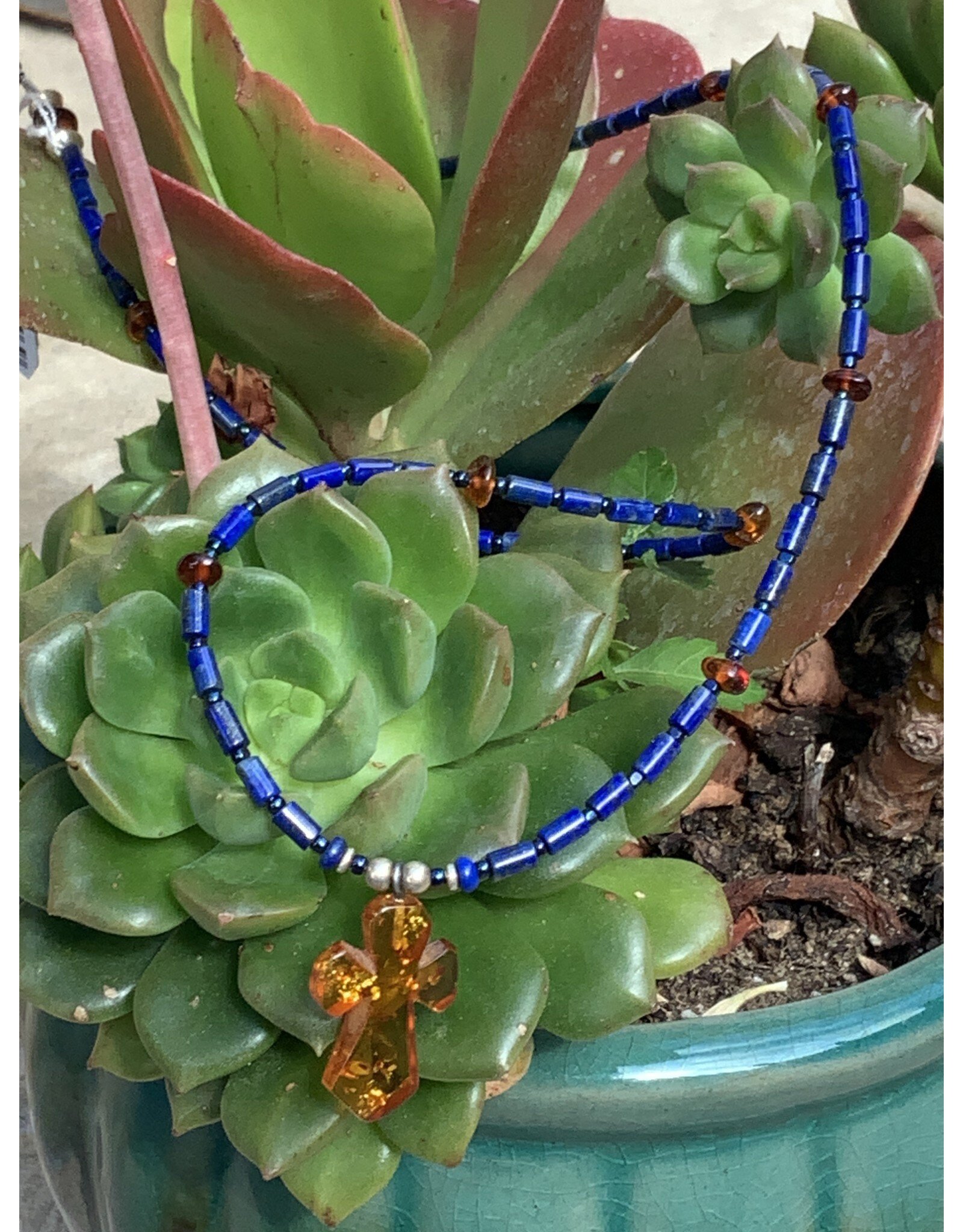 Annette Colby - Jeweler Lapis Lazuli and Baltic Amber Cross Necklace - AC