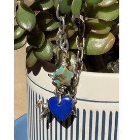 Annette Colby - Jeweler Charm Bracelet SS Chain with  Lapis Heart and Gem Charms - AC