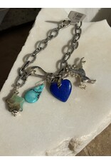 Annette Colby - Jeweler Charm Bracelet SS Chain with  Lapis Heart and Gem Charms - AC