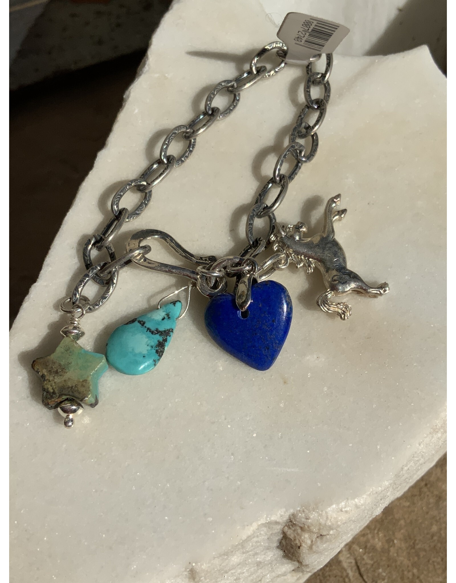 Annette Colby - Jeweler Charm Bracelet SS Chain with  Lapis Heart and Gem Charms - AC