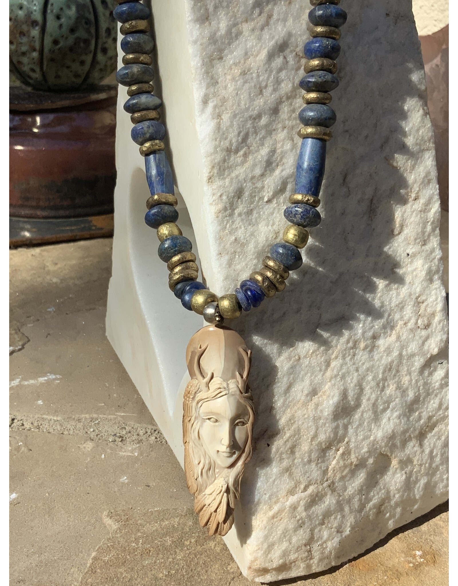 Annette Colby - Jeweler Carved Elk Antler Necklace Matte Lapis African Bronze - AC