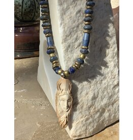 Annette Colby - Jeweler Carved Elk Antler Necklace Matte Lapis African Bronze - AC