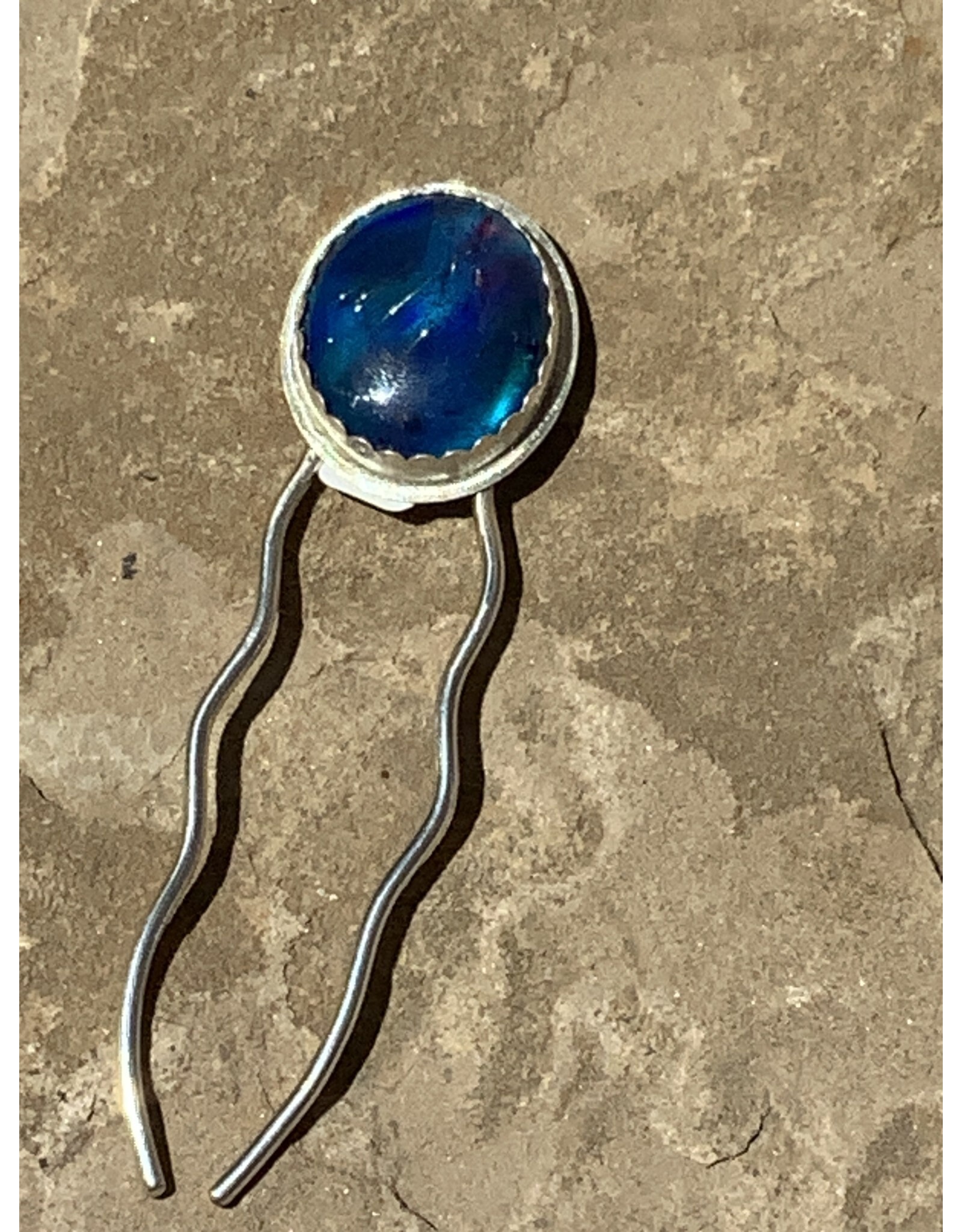 Annette Colby - Jeweler Hair Pin Sterling Silver w/Blue Nova Opal with Rutilated Quartz  - AC
