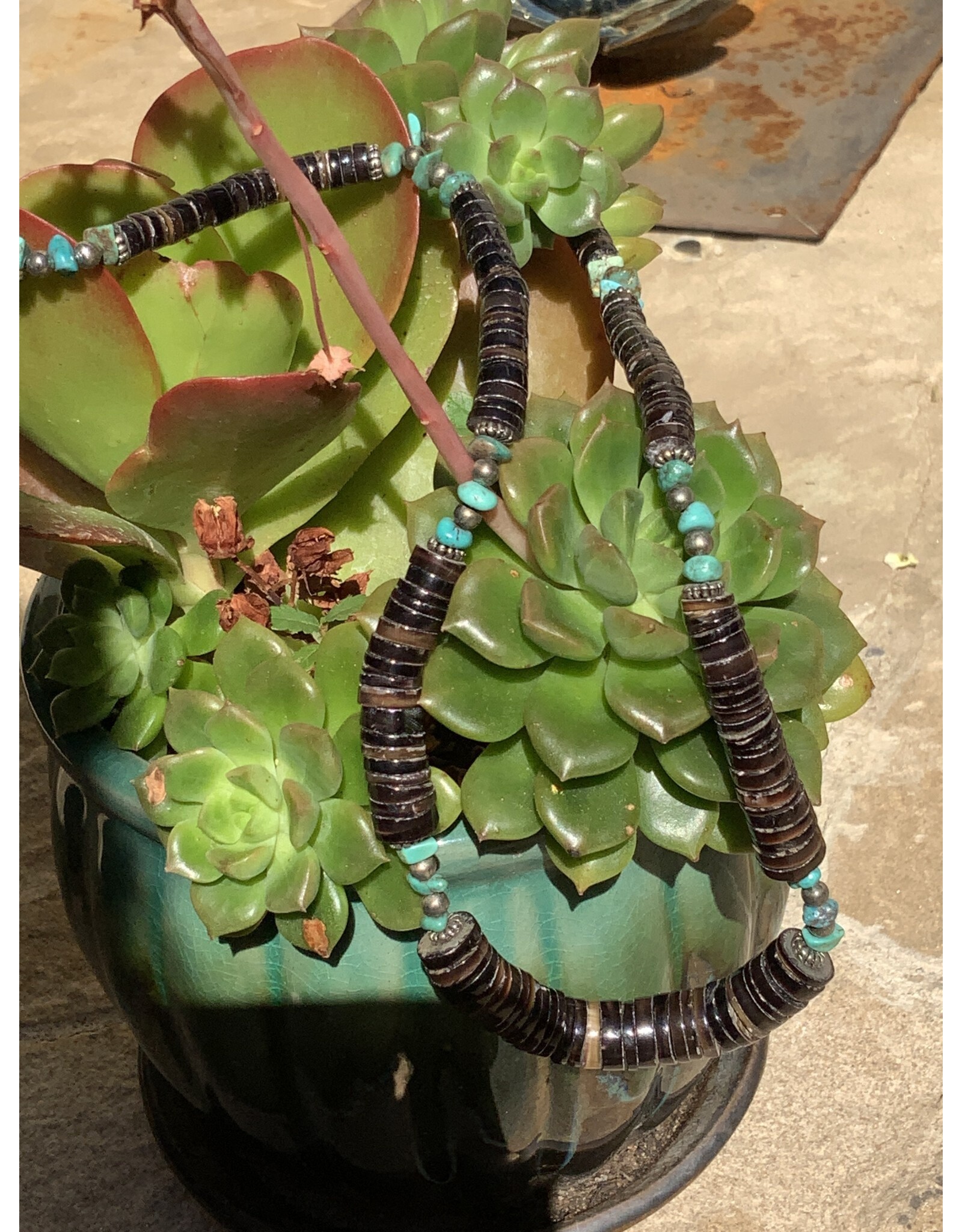 Brown Heishi Beads and Turquoise Necklace -AC