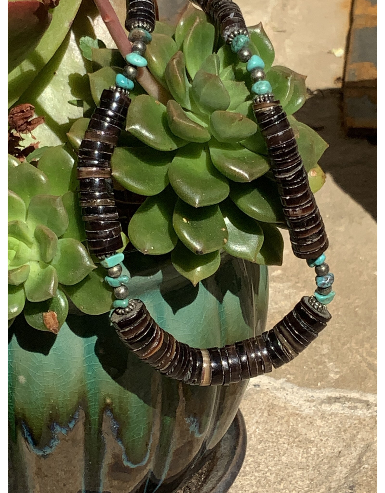 Brown Heishi Beads and Turquoise Necklace -AC