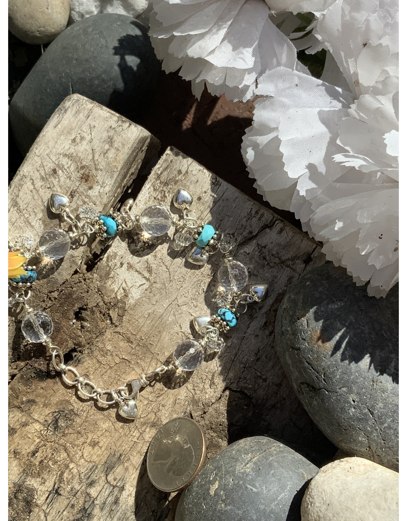Annette Colby - Jeweler Turquoise Swarovski Sterling Heart Dangle Bracelet- AC