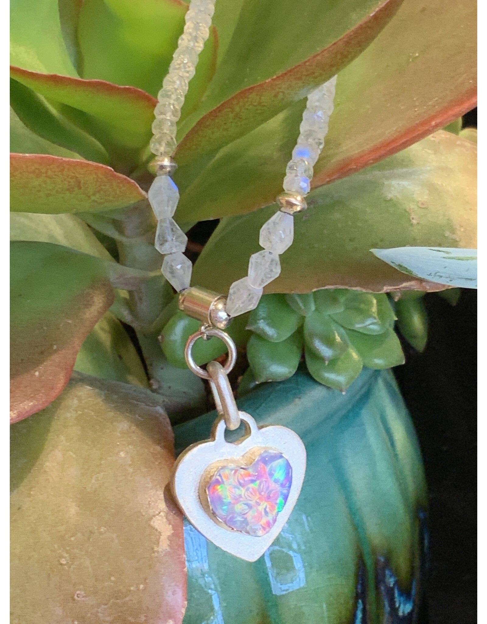 Annette Colby - Jeweler Necklace Moonstone and SS Nova Opal Heart - AC