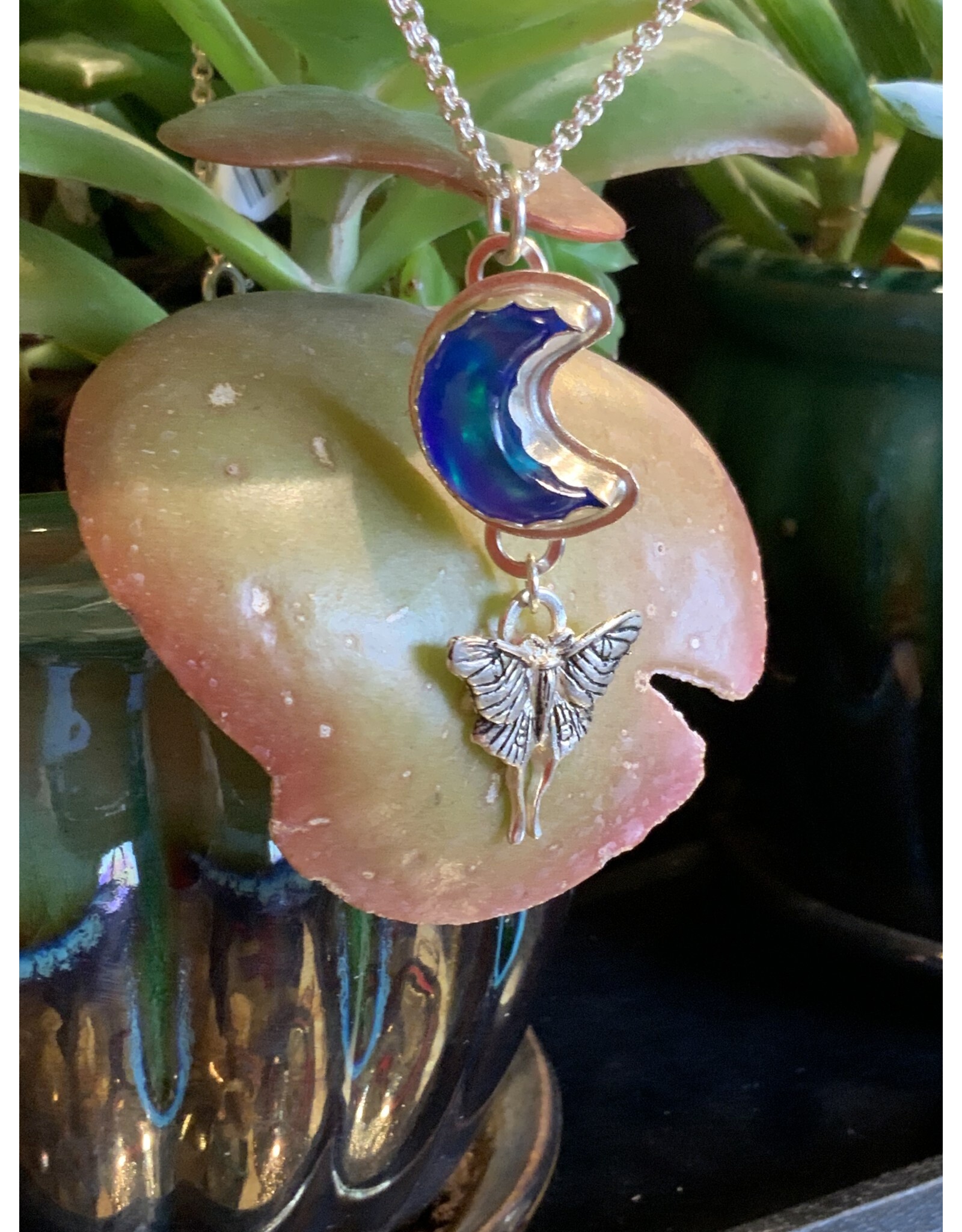 Annette Colby - Jeweler Necklace Crescent Moon Nova Opal & SS Luna Moth - AC