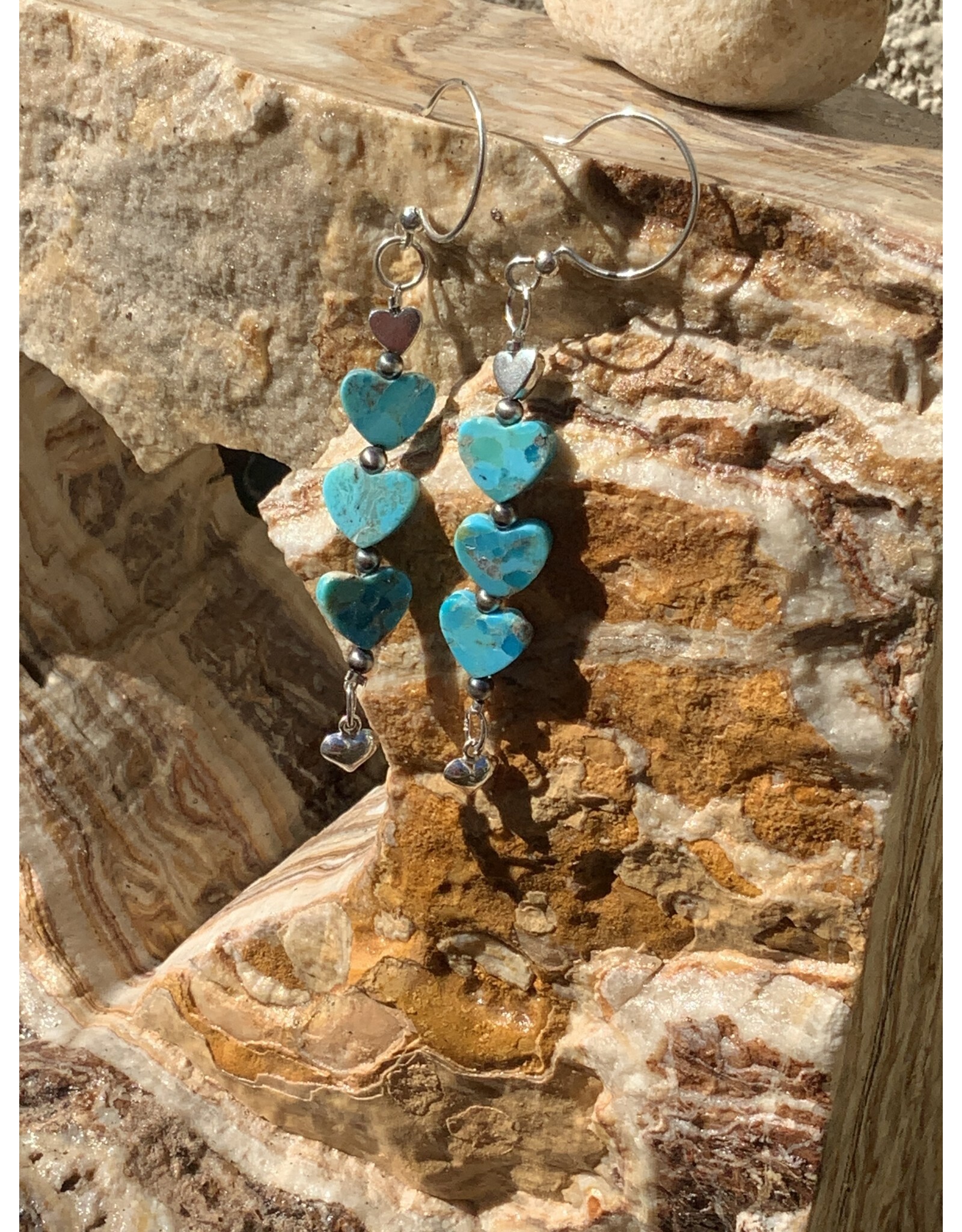 Annette Colby - Jeweler Earring Kingman Turquoise 3 Hearts SS  & Dangles - AC