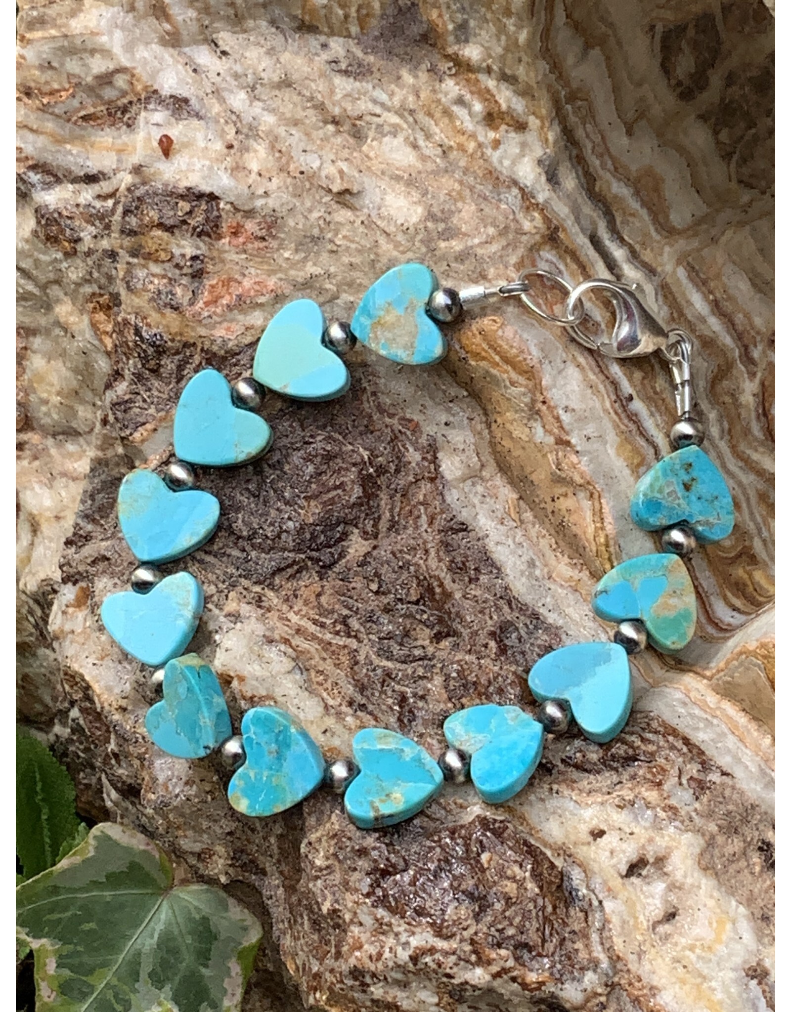 Annette Colby - Jeweler Bracelet Kingman Turquoise Hearts and SS Beads  - AC