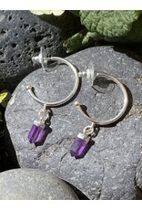 Annette Colby - Jeweler Earrings Amethyst Crystal & Sterling Silver Hoop - AC
