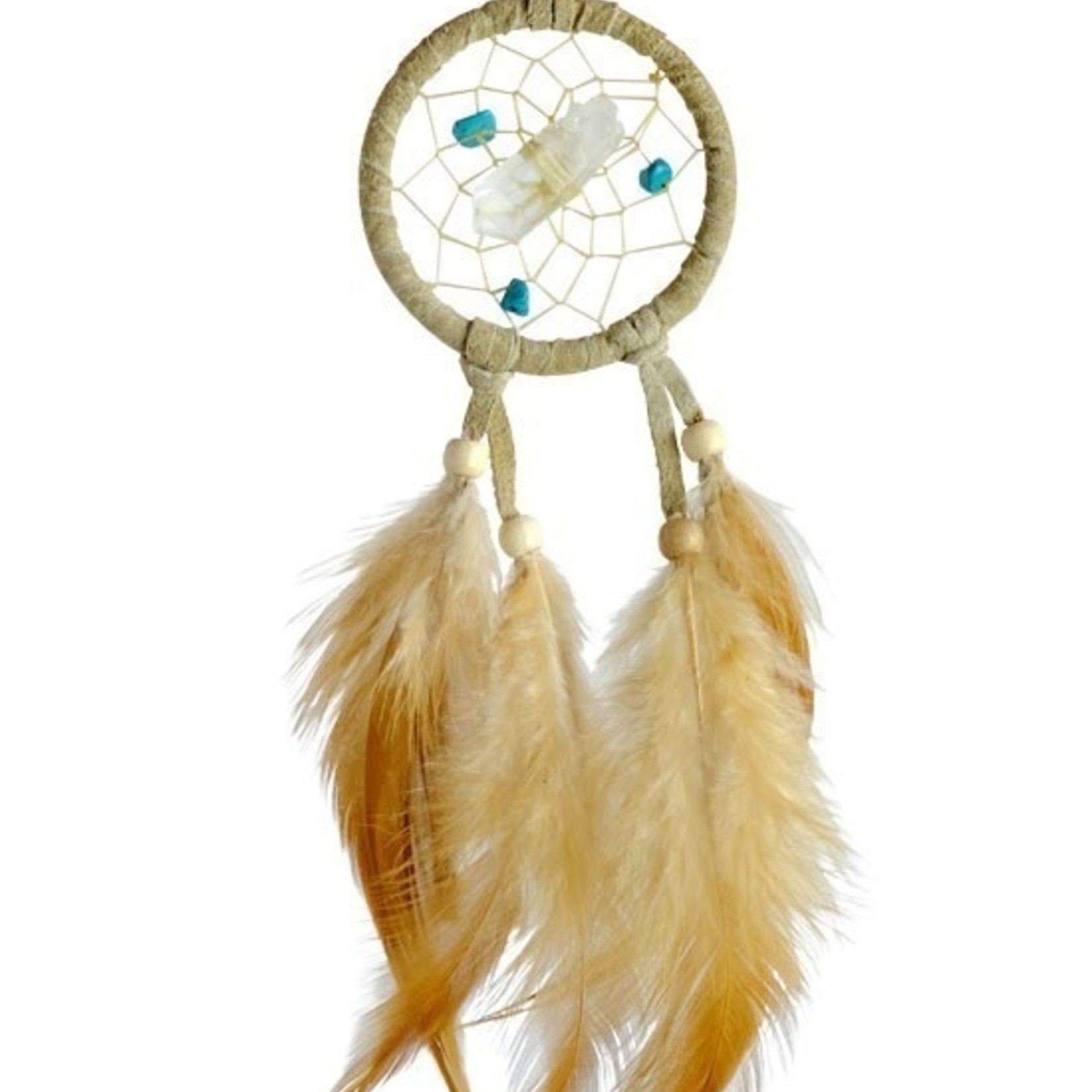 Tan Vision Seeker Dream Catcher detailed with quartz crystal in the centre of the web.