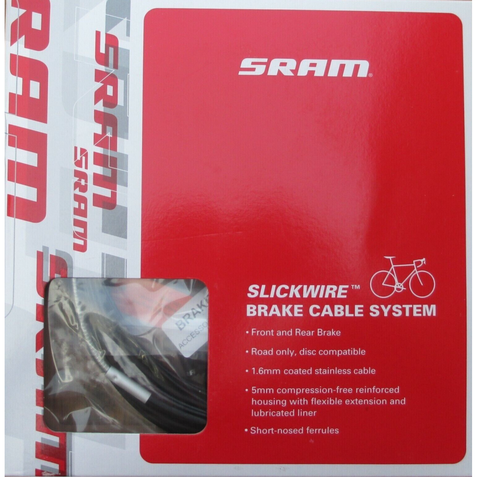 SRAM SRAM SlickWire XL Road Brake Cable Kit Black 5mm (1.6mm coated cable, 5mm Kevlar reinforced compression-free housing, ferrules, end caps, frame protectors)