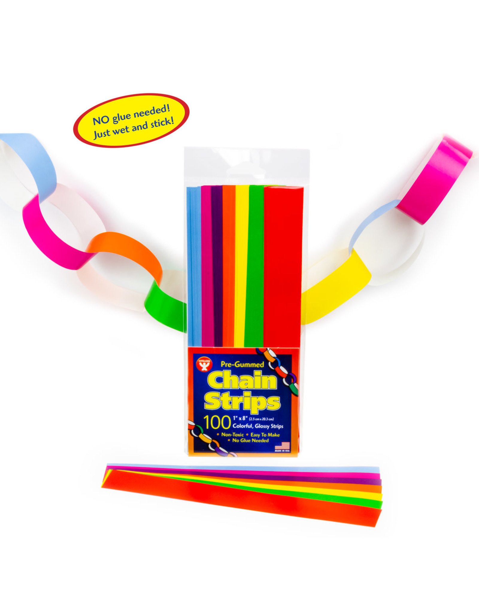 HYGLOSS STICK-A-LICKS: CHAIN STRIPS 1"x8" ASSORTED COLORS 100 PACK