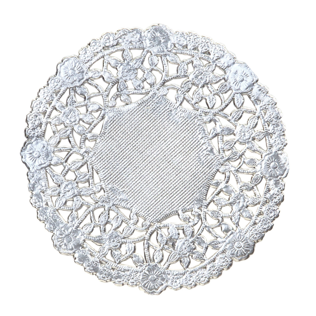 PAPER LACE DOILIES: 4 ROUND SILVER 12PCS