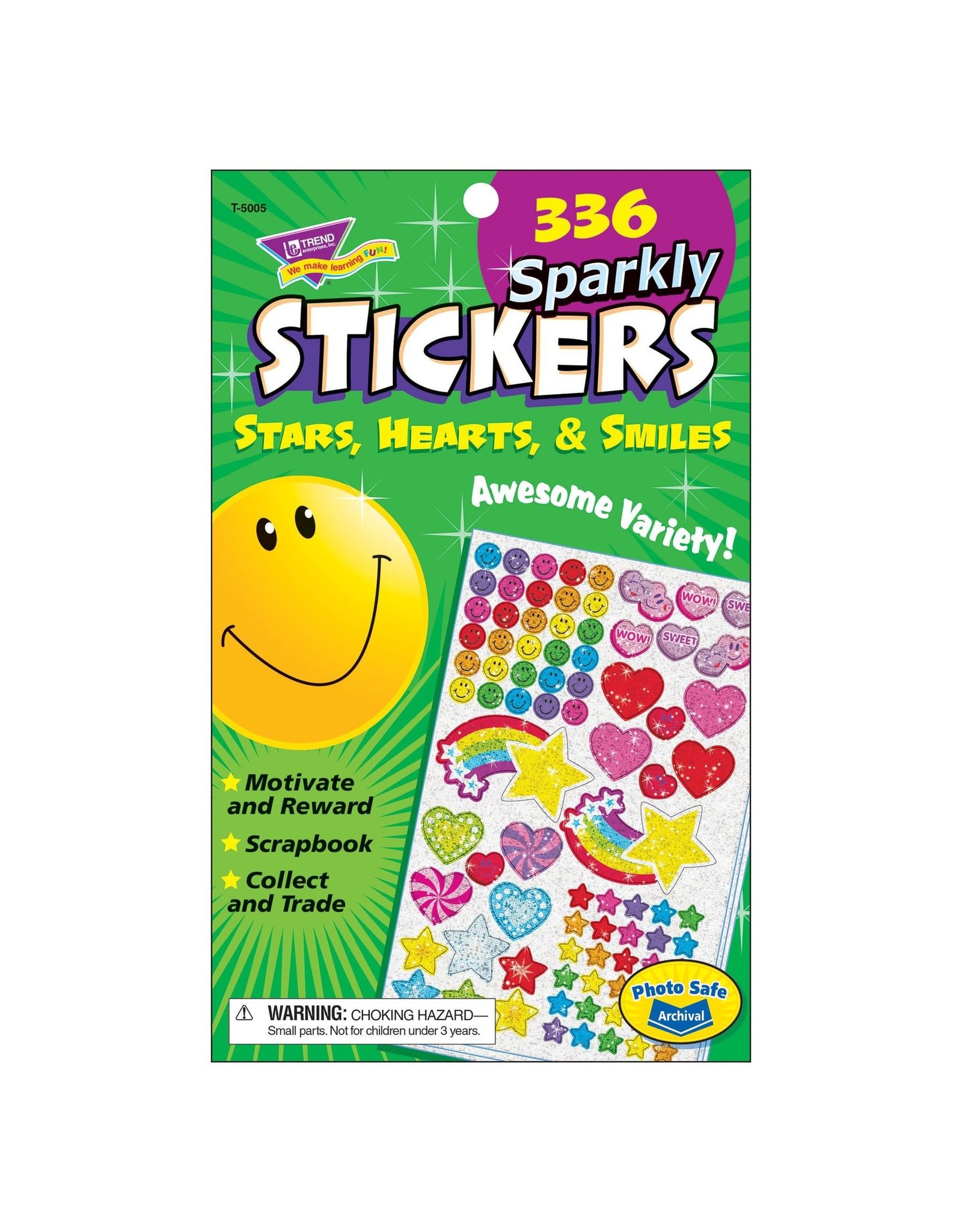 STICKERS ASSORTED: SPARKLE HEART/STAR/SMILE 336 STICKERS