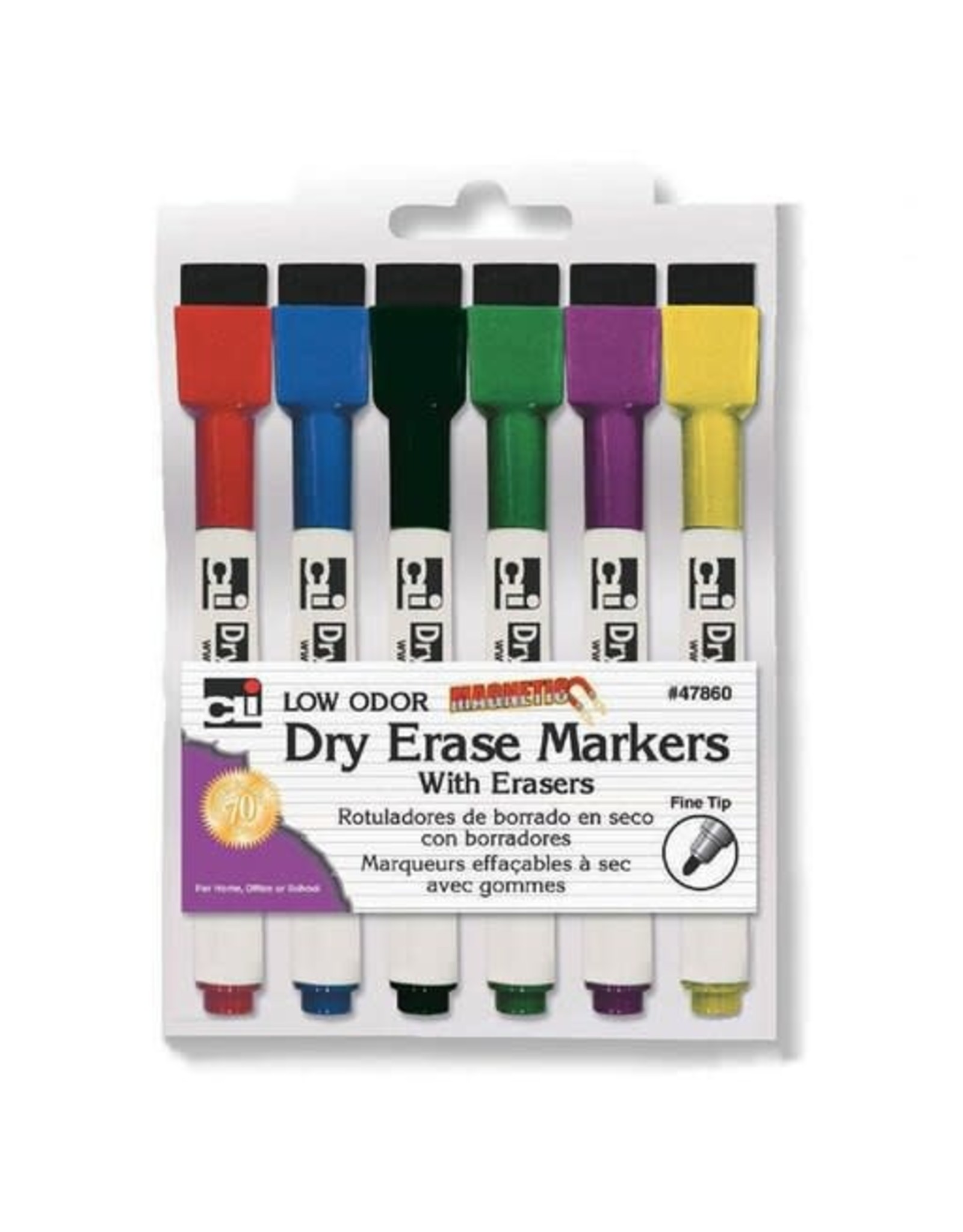 DRY-ERASE MARKERS WITH ERASERS ASSORTED COLORS - 6 PACK