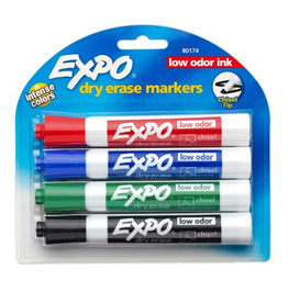 EXPO DRY-ERASE MARKERS CHISEL TIP ASSORTED COLORS LOW ODOR 4 PACK