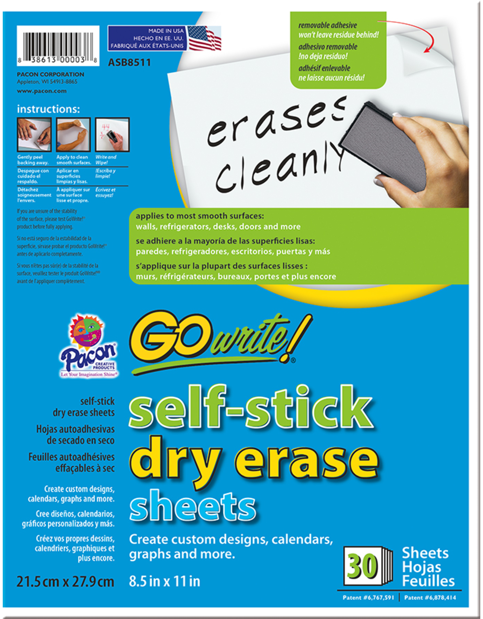 DRY ERASE Adhesive Sheets 8.5"x11"  30 sheets
