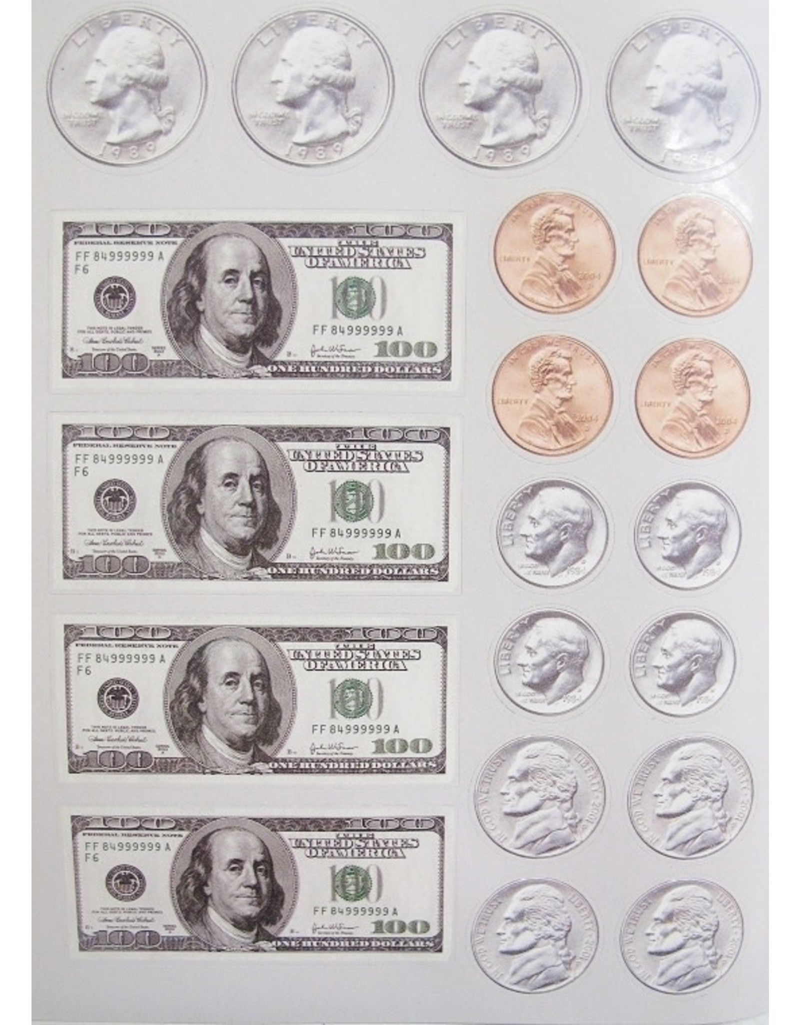 RANENU STICKERS -  DOLLAR BILLS AND COINS - 6 SHEETS